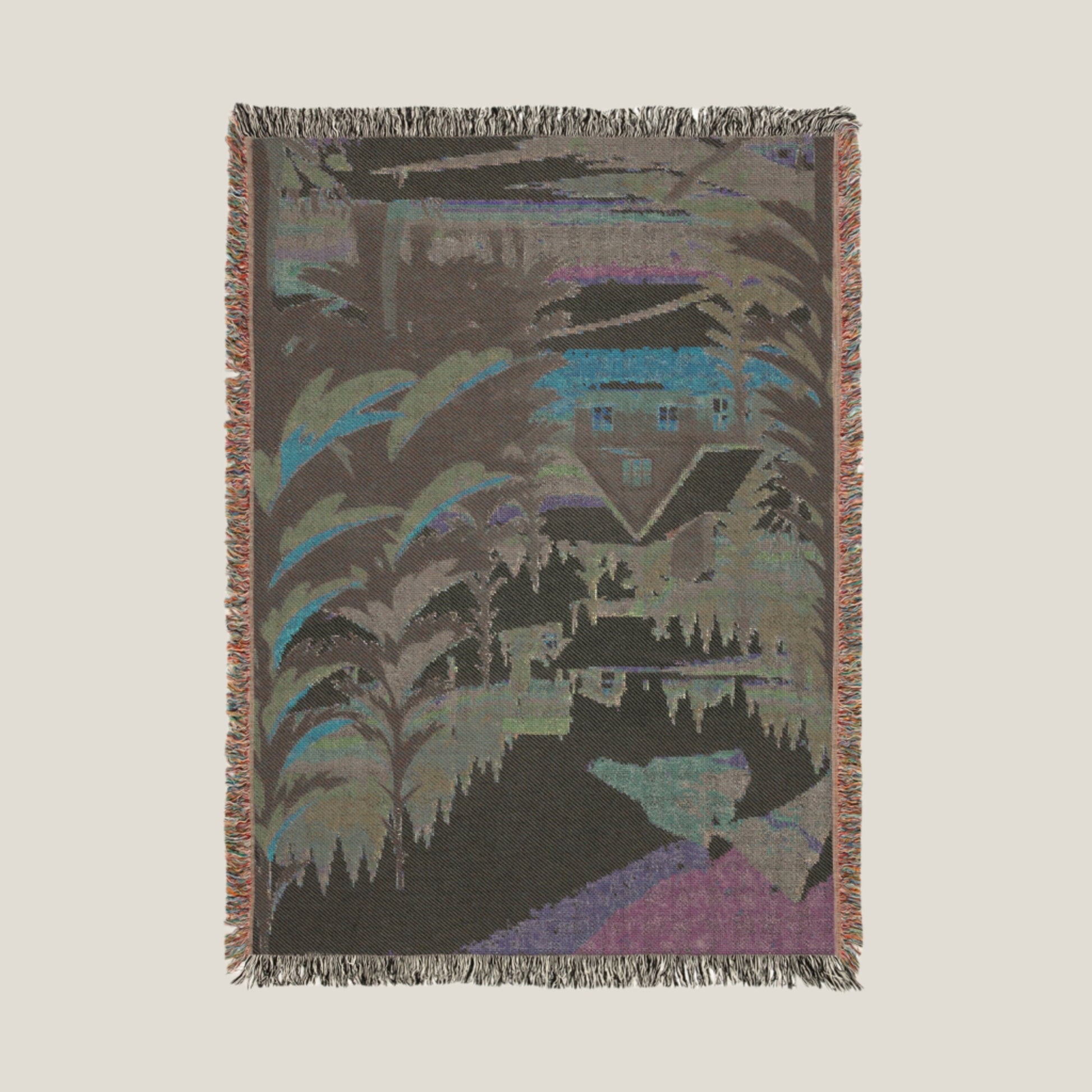 Cozy woven cotton throw with a bold forest silhouette design, perfect for nature lovers, from the Backcountry Forests collection.