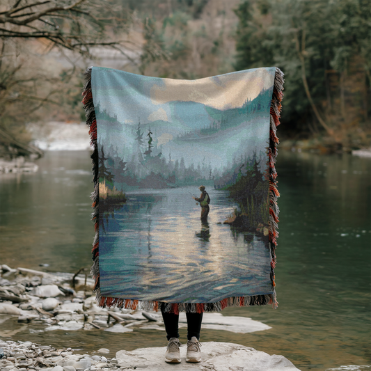 Misty Mountain Fly Fishing Blanket – Soft Woven Throw for Outdoor Adventures & Fishing Lovers