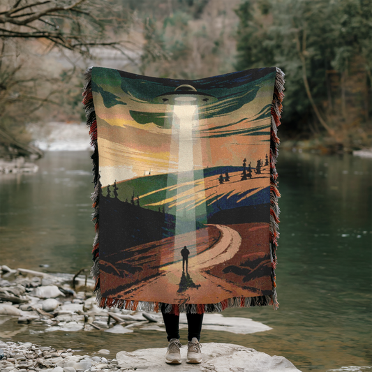 UFO Encounter Woven Throw Blanket – Unique Cotton Blanket for UFO & Sci-Fi Enthusiasts