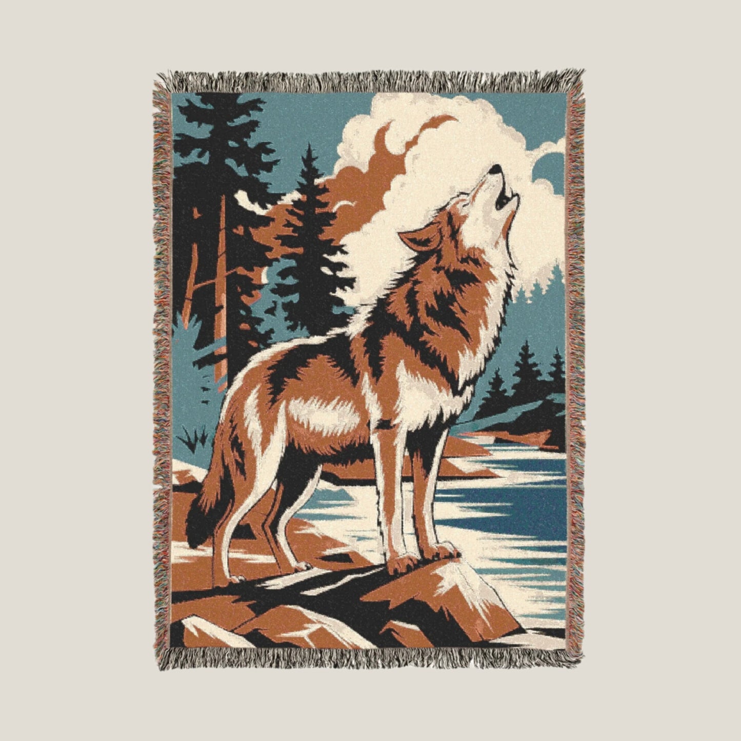 Wolf Howling Mountain Stream Woven Throw Blanket – Nature-Themed Blanket for Outdoor & Wildlife Lovers