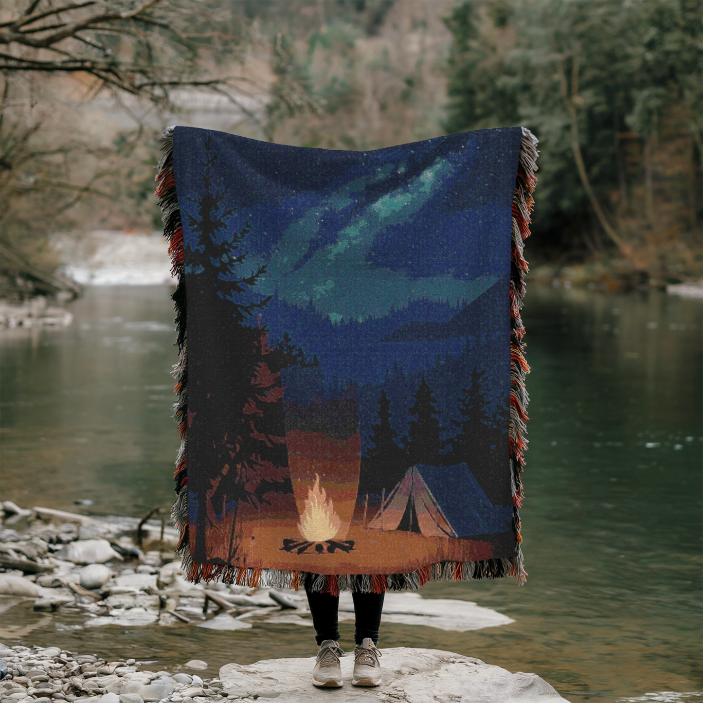 Camping Under the Stars Woven Throw Blanket – Soft & Durable Cotton Blanket for Nature Lovers