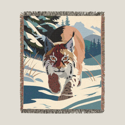 Custom woven blanket featuring a detailed lynx design, available in throw and bed sizes, perfect for wildlife and nature lovers.