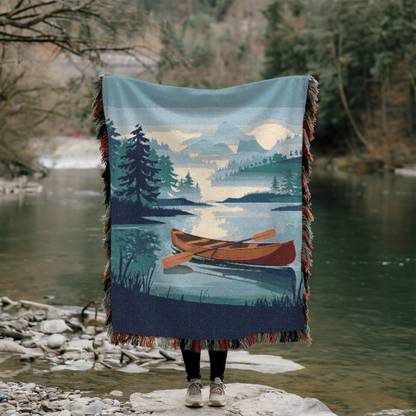 Canoe Adventure Woven Blanket – Cozy Cotton Throw for Outdoor Enthusiasts & River Lovers