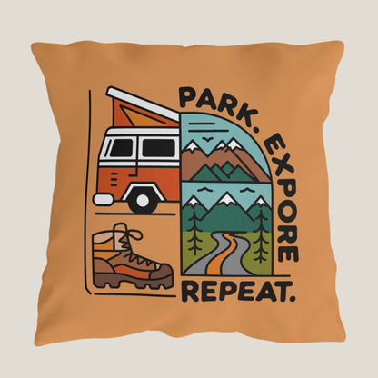 Park. Explore. Repeat. Van Life Throw Pillows for Your Home