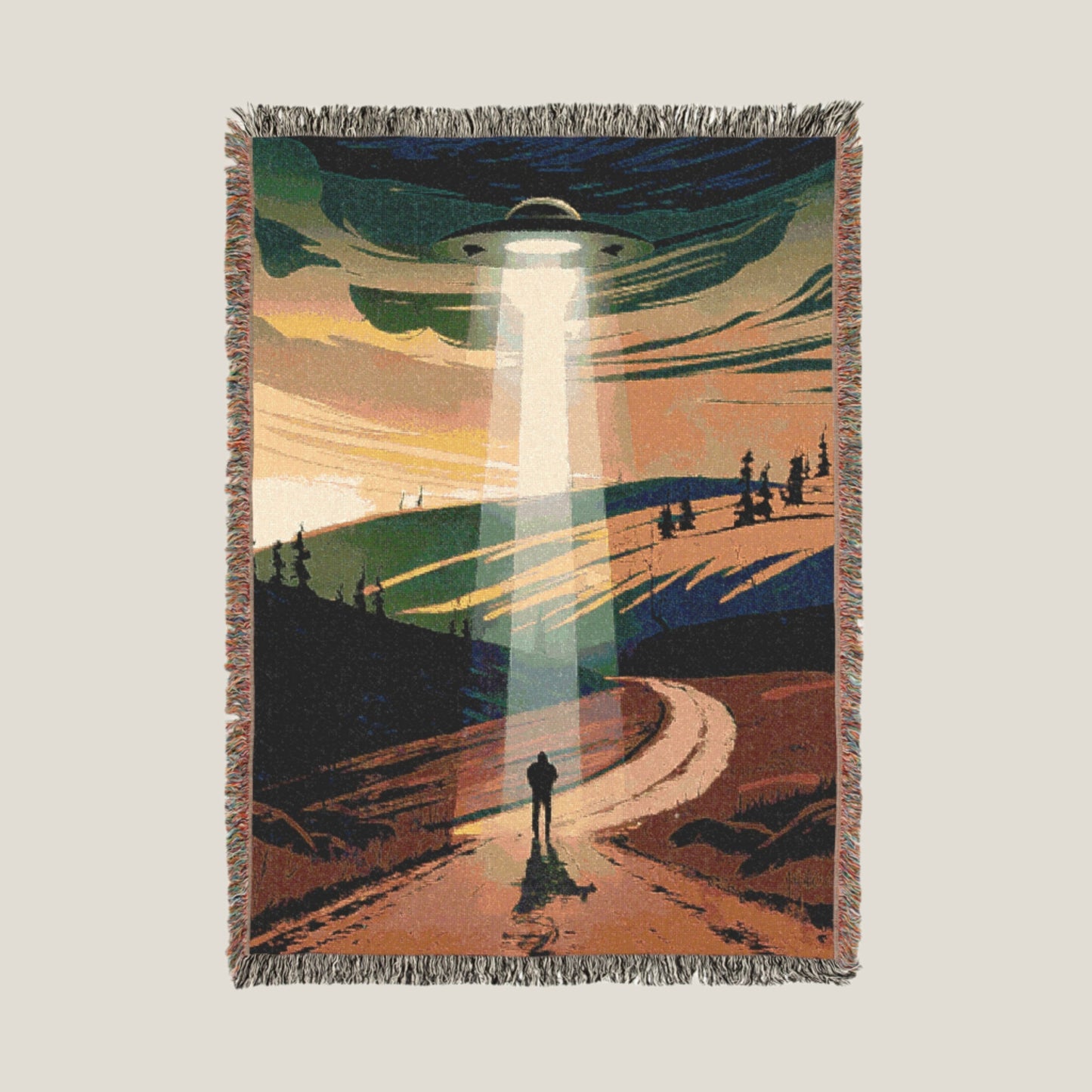 UFO Encounter Woven Throw Blanket – Unique Cotton Blanket for UFO & Sci-Fi Enthusiasts