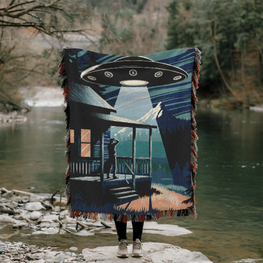 UFO Over Mountain Cabin Woven Top Blanket – Cozy Cotton Throw for Stargazers & Outdoor Adventurers