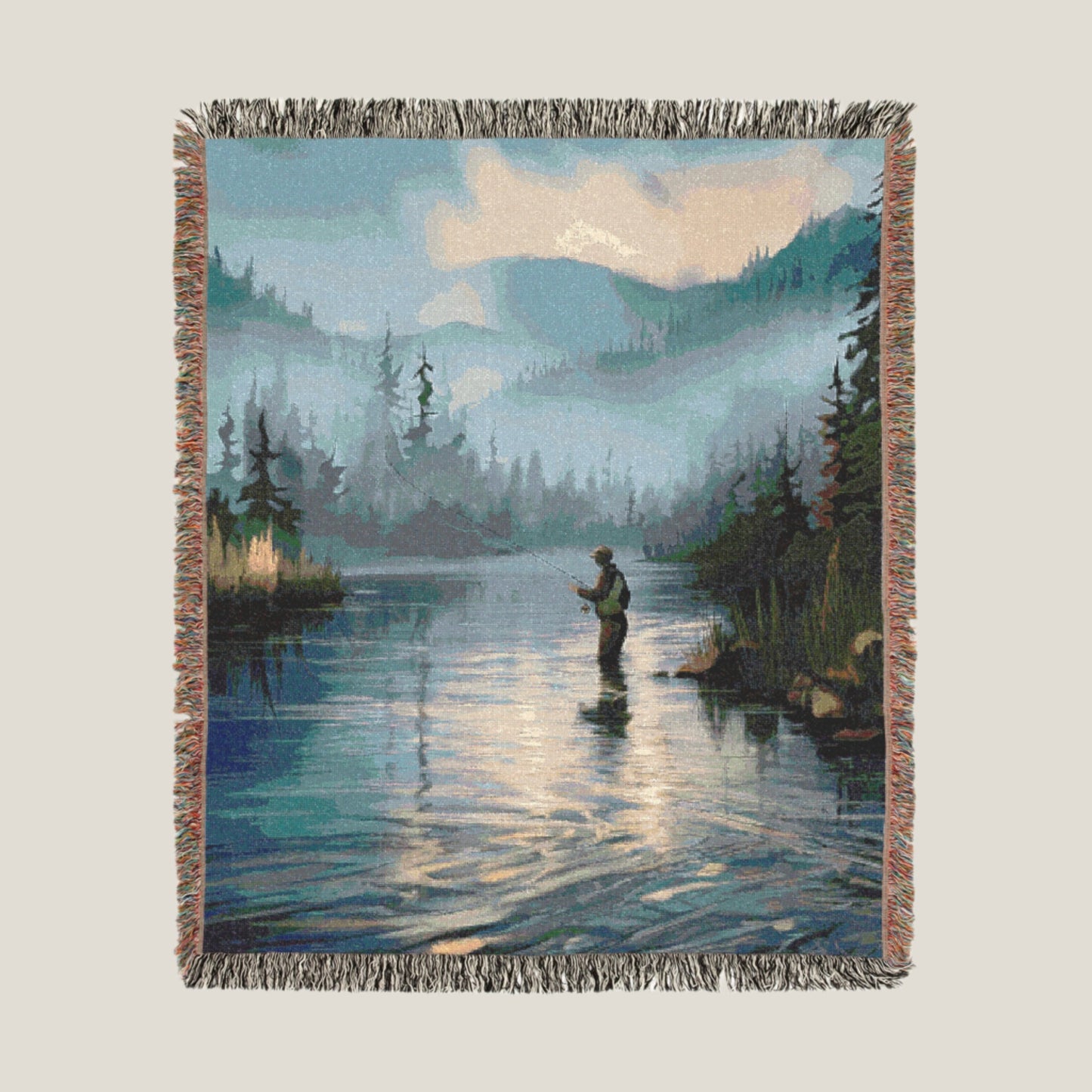 Misty Mountain Fly Fishing Blanket – Soft Woven Throw for Outdoor Adventures & Fishing Lovers