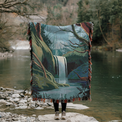 Waterfall Serenity Woven Throw Blanket – Tranquil Cotton Blanket for Nature Lovers & Outdoor Escapes