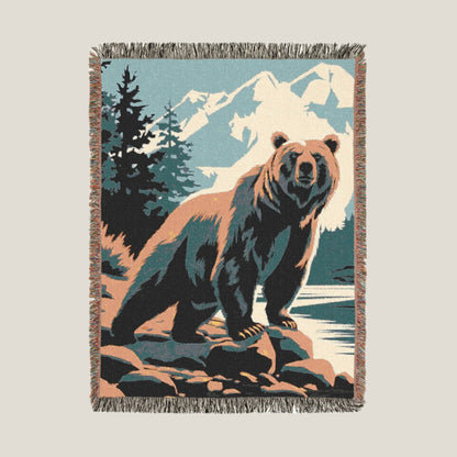 River Grizzly Woven Throw Blanket – Cozy Wildlife-Inspired Blanket for Adventurers & Nature Lovers