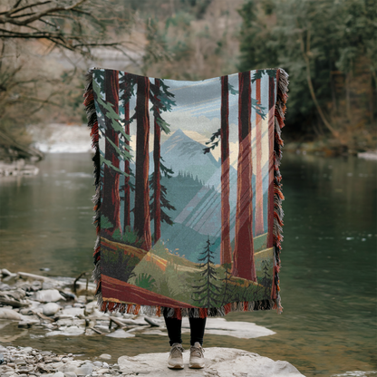 Cozy Woven Blanket - Forest Landscape Design, Perfect for Camping and Nature Lovers