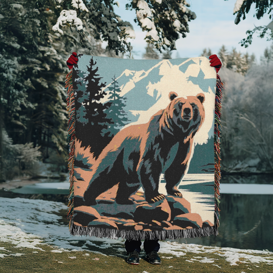 River Grizzly Woven Throw Blanket – Cozy Wildlife-Inspired Blanket for Adventurers & Nature Lovers