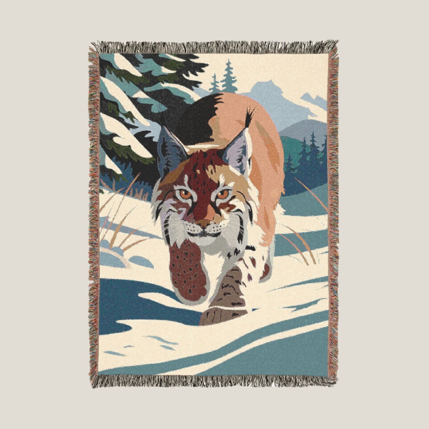 Custom woven blanket featuring a detailed lynx design, available in throw and bed sizes, perfect for wildlife and nature lovers.