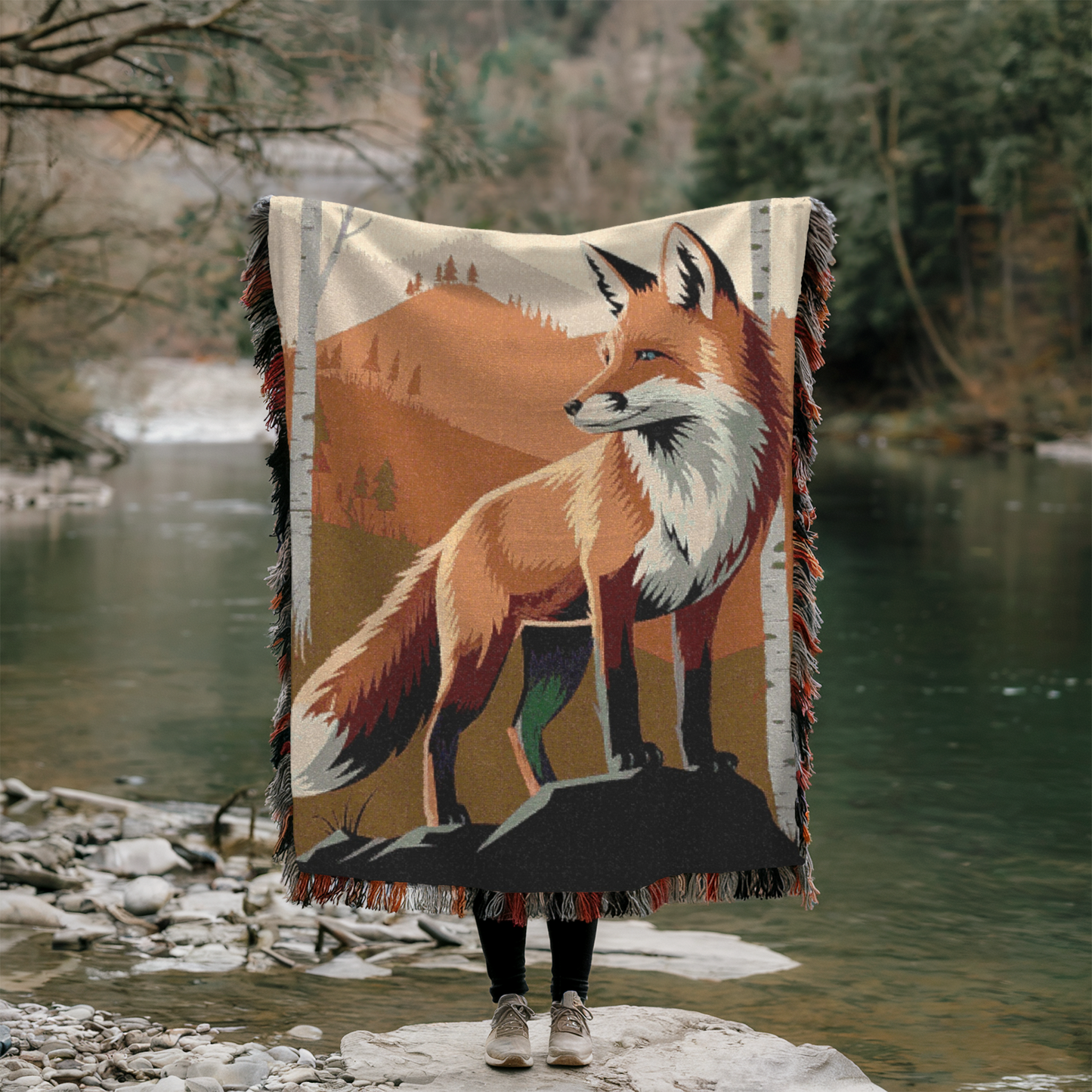 Rustic Fox Woven Blanket – Cozy, Nature-Inspired Home Decor