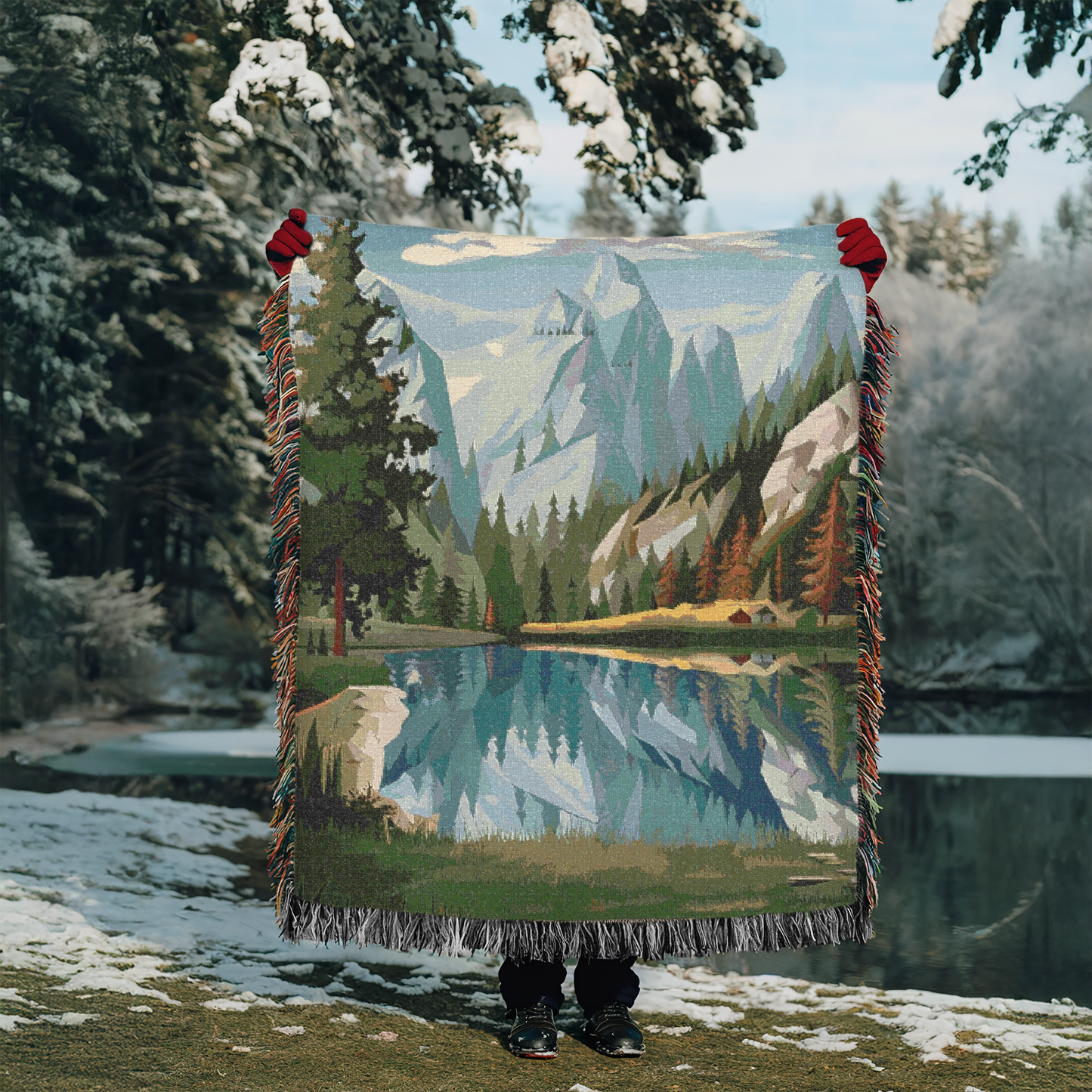 Alpine Reflection Woven Throw Blanket – Scenic Mountain-Inspired Blanket for Outdoor Escape