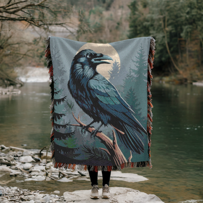 Midnight Raven Woven Throw Blanket – Mystical Raven Design for Nature Lovers & Cozy Outdoor Escapes