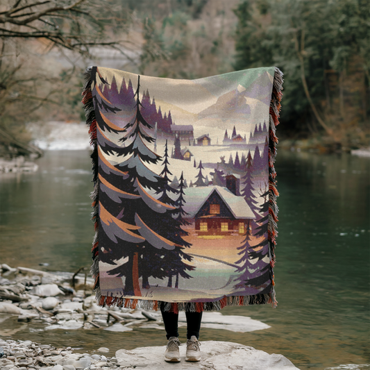 Snowy Cabin Woven Throw Blanket – Cozy Cabin Scene for Winter Retreats & Nature Lovers