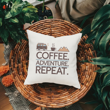 Coffee. Adventure. Repeat. Throw Pillow – Ideal for Van Life & Road Trip Comfort