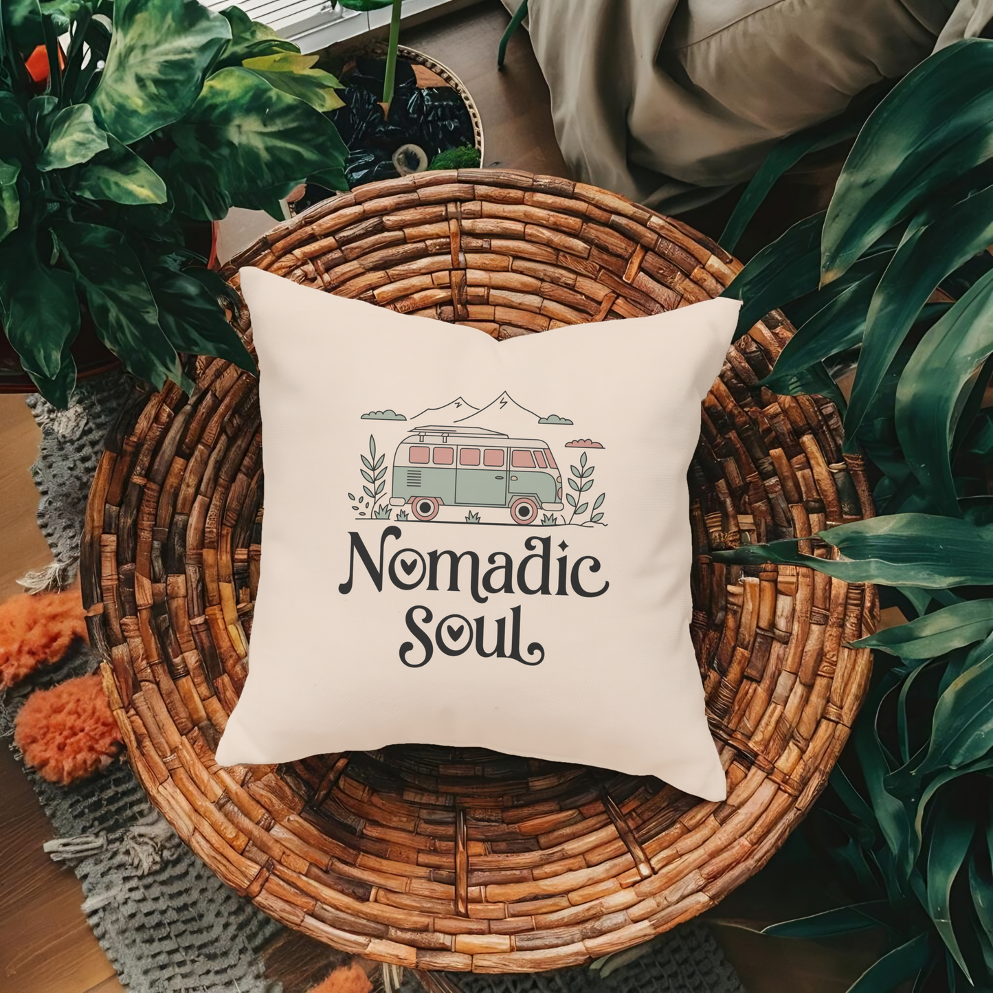 Nomadic Soul Throw Pillow – Van Life Essential for Road Trips & Outdoor Adventures