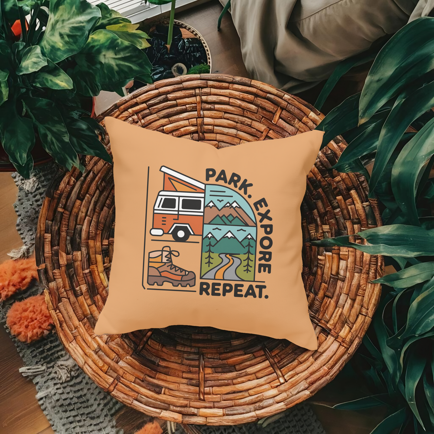 Park. Explore. Repeat. Van Life Throw Pillows for Your Home