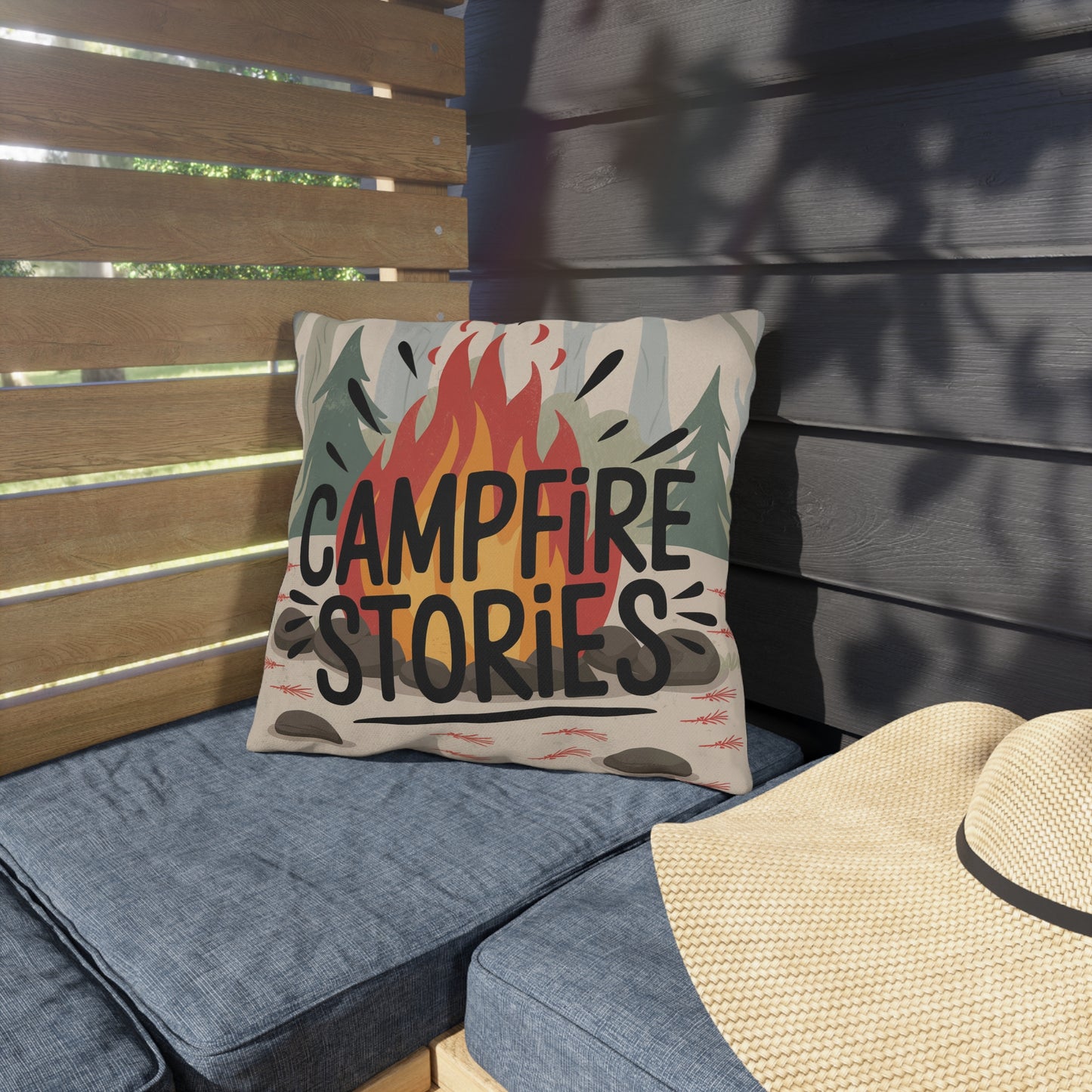 Campfire Stories Outdoor Pillow – Weather-Resistant Patio Toss Cushion for Adventure Lovers