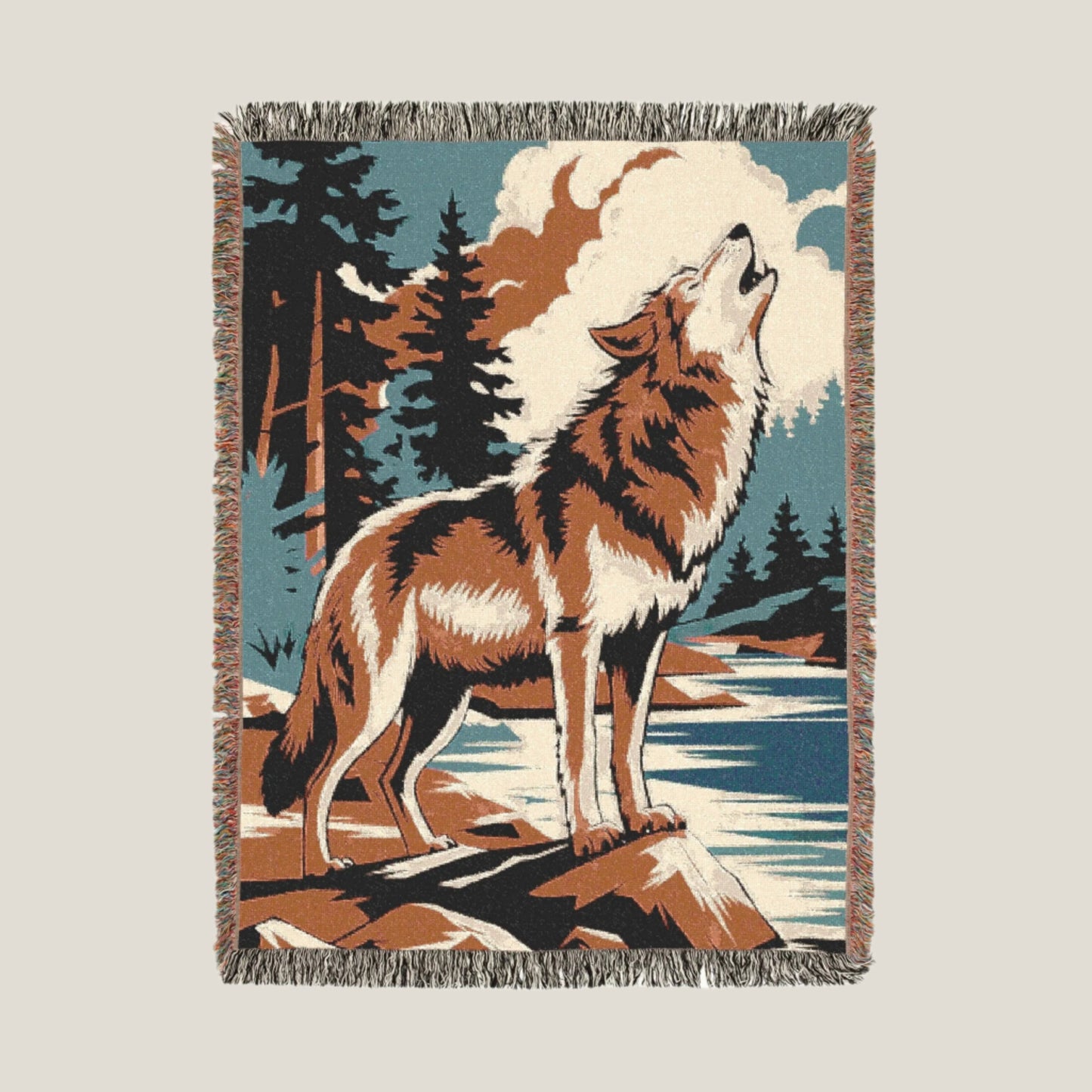 Wolf Howling Woven Throw Blanket with a wolf howling at the moon in a wilderness setting. Perfect cozy blanket for outdoor lovers and wilderness explorers.