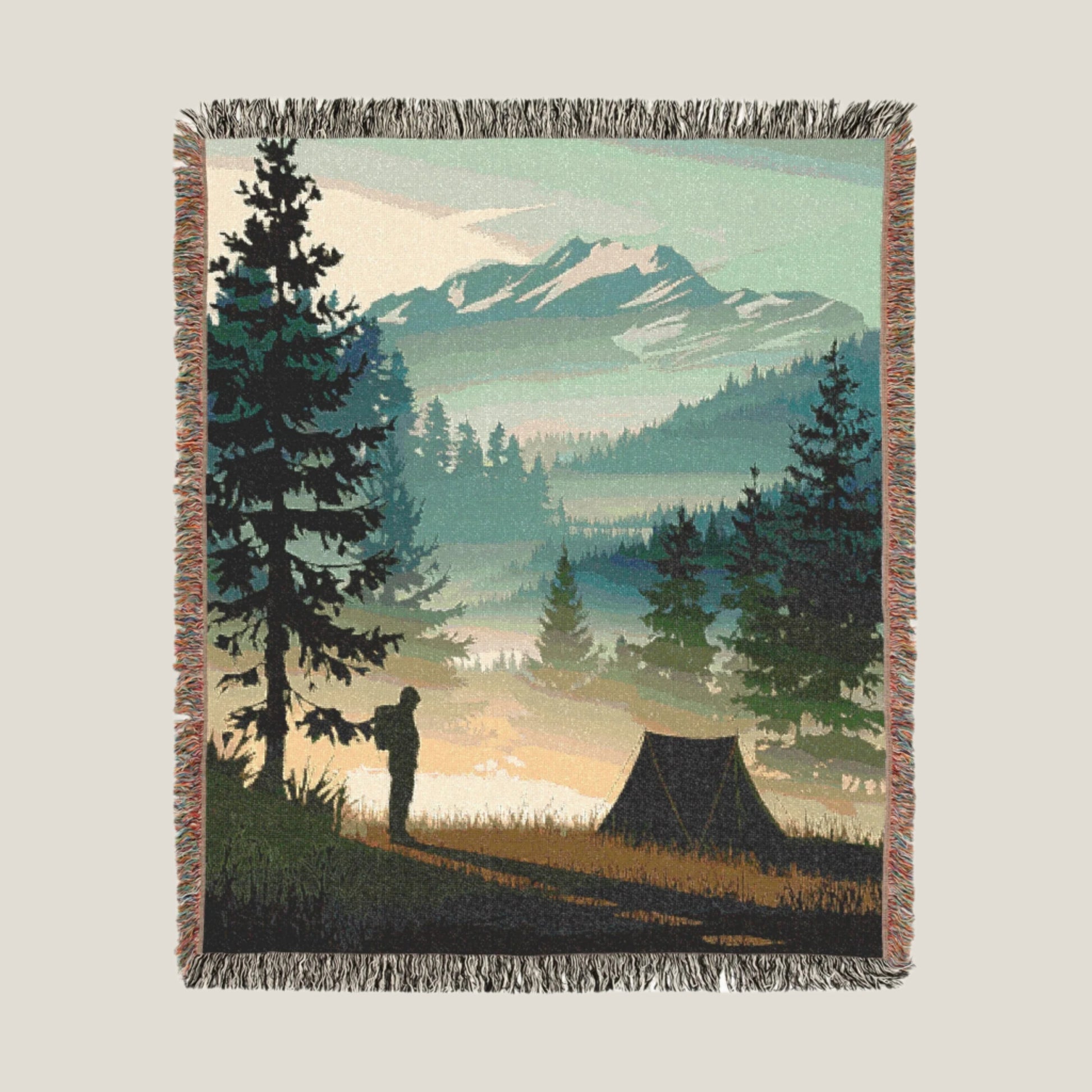 olo Camping Mountain Landscape Woven Throw Blanket featuring a stunning mountain scene. Perfect cozy and durable blanket for outdoor enthusiasts and camping adventures.