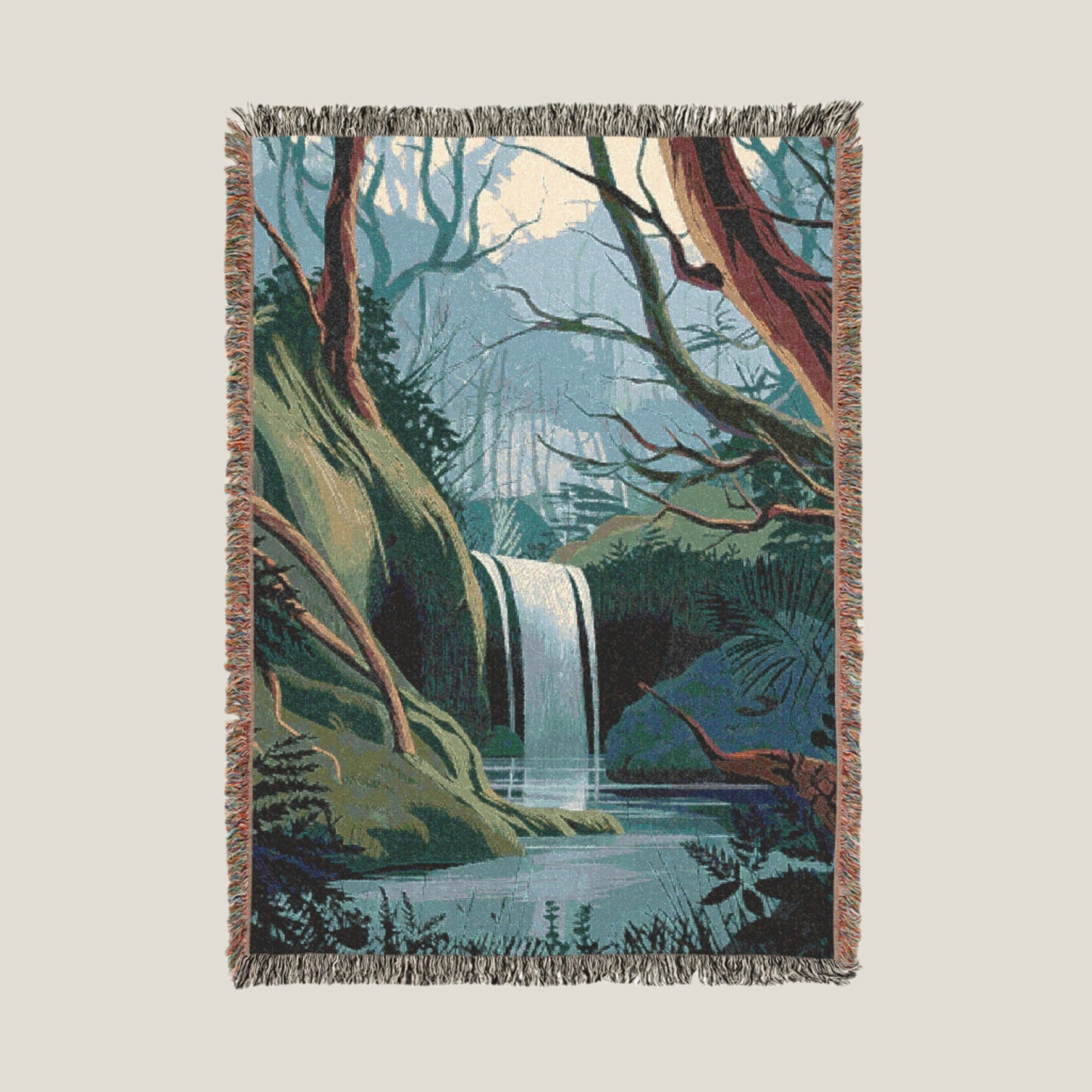 Waterfall Serenity Woven Throw Blanket – Tranquil Cotton Blanket for Nature Lovers & Outdoor Escapes